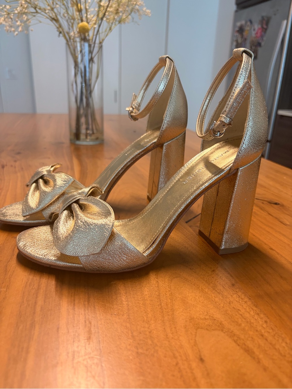 Marc Fisher Gold Knotted Bow Block Heel Sandals